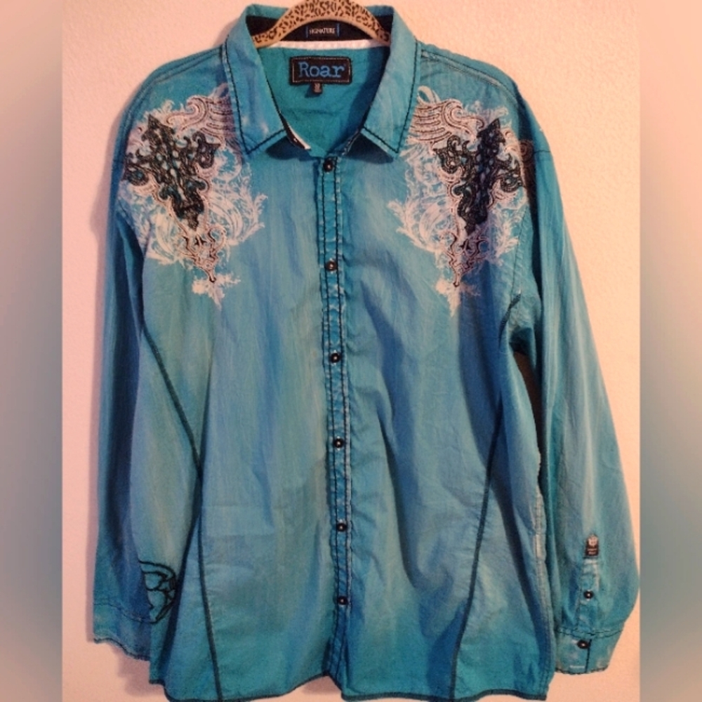 Roar Mens Long Sleeve Embroidered Shirt Turquoise XL Western Rock Country